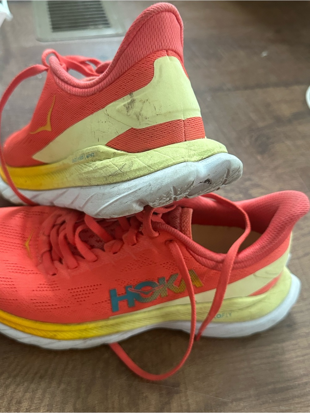 Hoka Women's Coral and Yellow Athletic Running Shoes